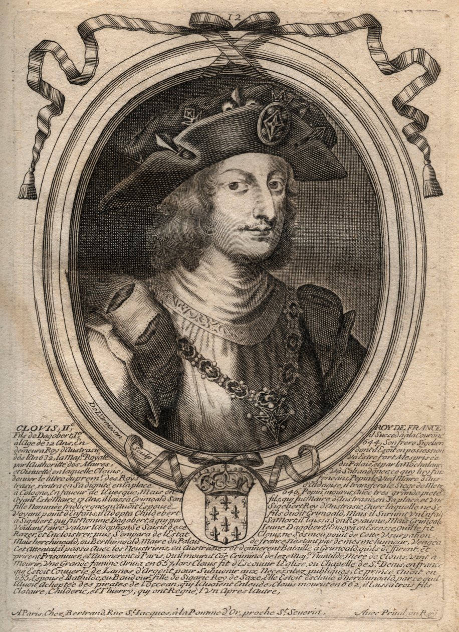 Portrait de Clovis II, roi des Francs (v.633-657) - Gravure de 