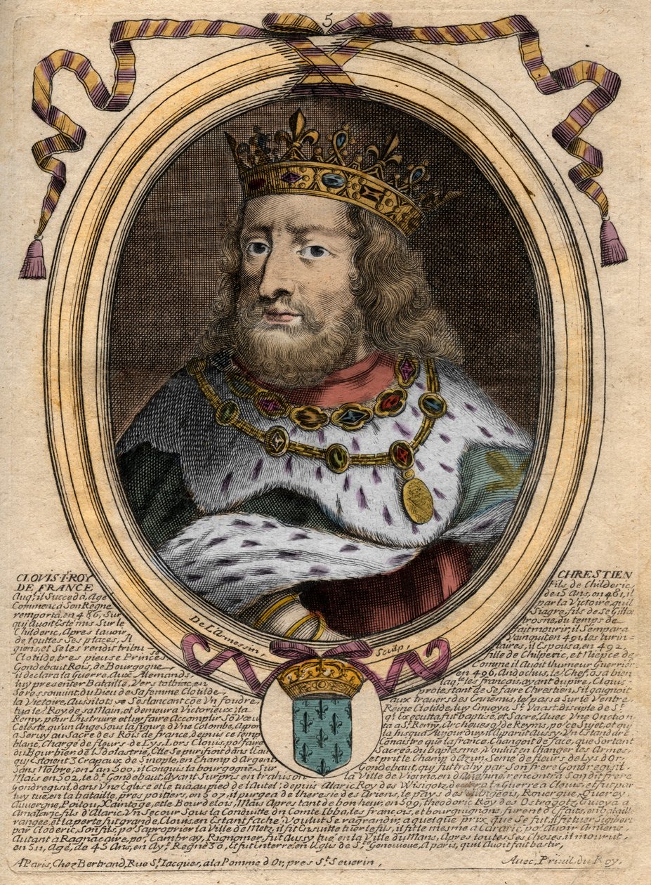 Portrait de Clovis Ier (ca. 466 - 511), Roi des Francs - gravure de 