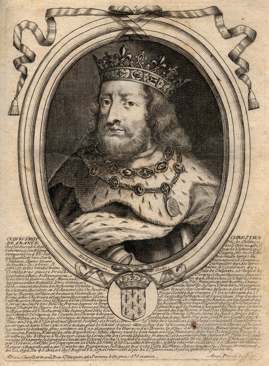 Portrait de Clovis Ier (v. 466-511), roi des Francs - Gravure de 
