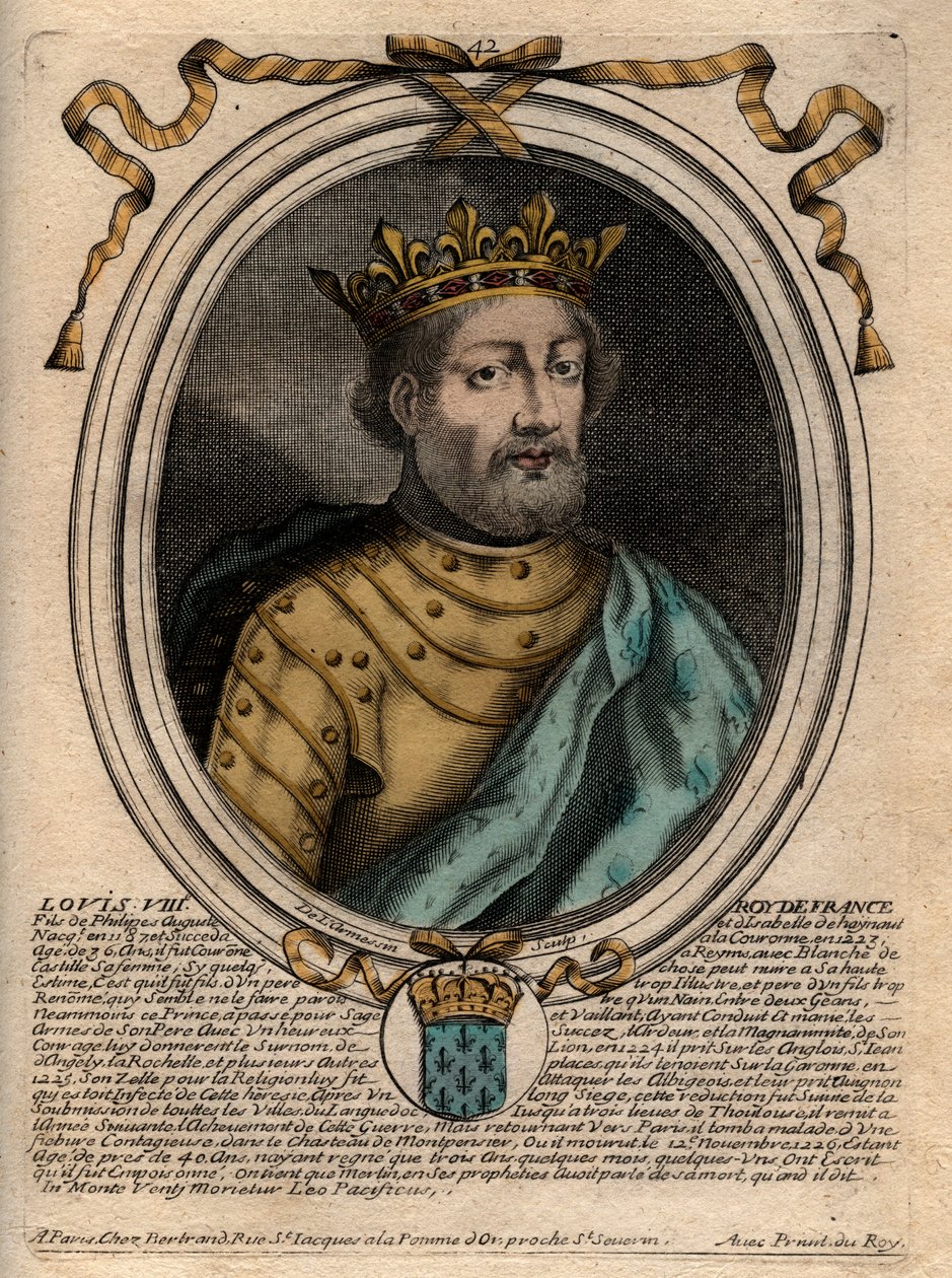 Portrait de Louis VIII (1187-1226), Roi de France - Gravure de « Les Augustes Représentations de tous les Rois de France depuis Pharamond à Louis XIV », Paris - de Larmessin