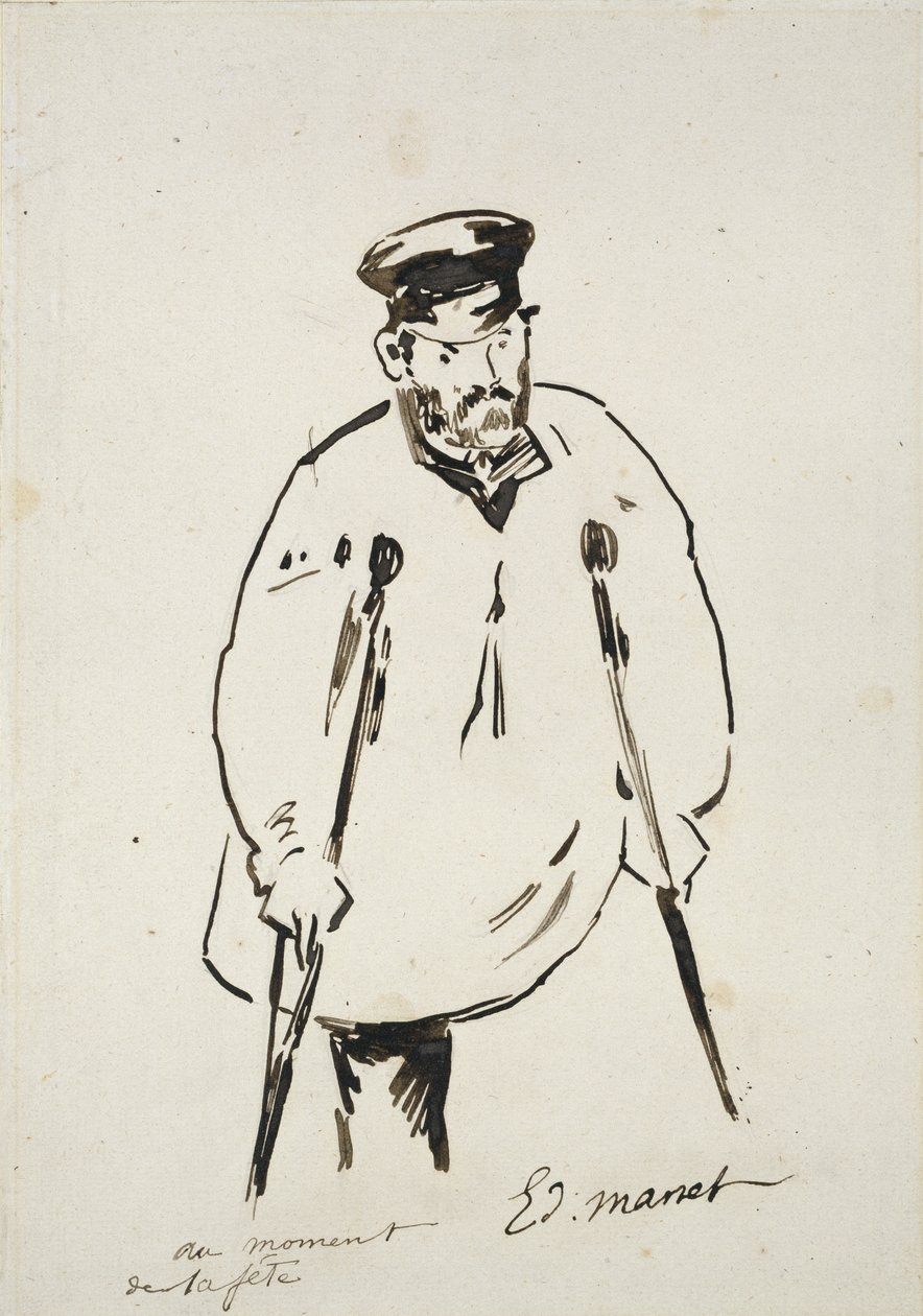 Homme avec des Béquilles (graphite avec plume de roseau et encre noire sur papier blanc à texture fine) - Édouard Manet