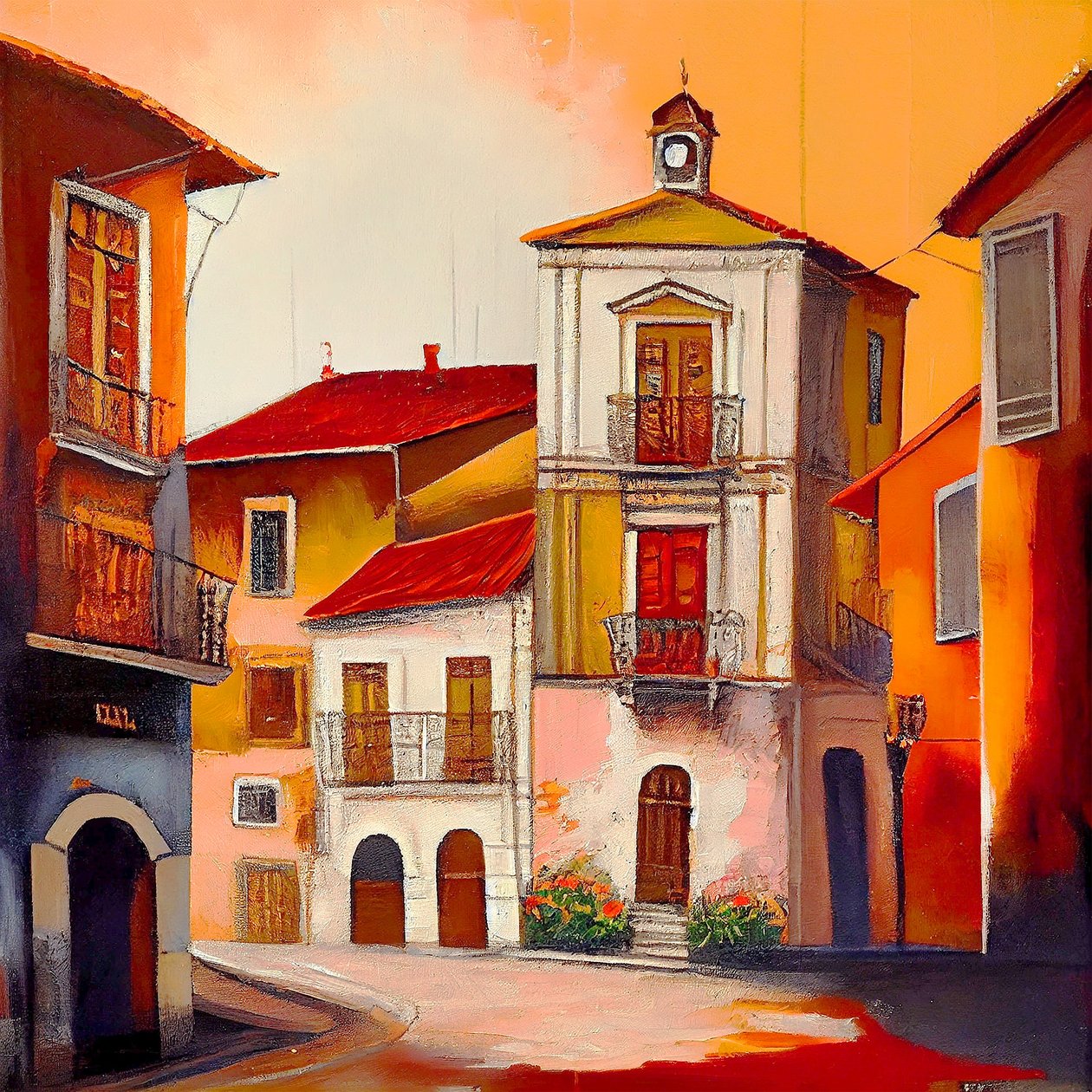 Beaux tableaux vintage de vieux village en tons chauds - F. Abderrahim