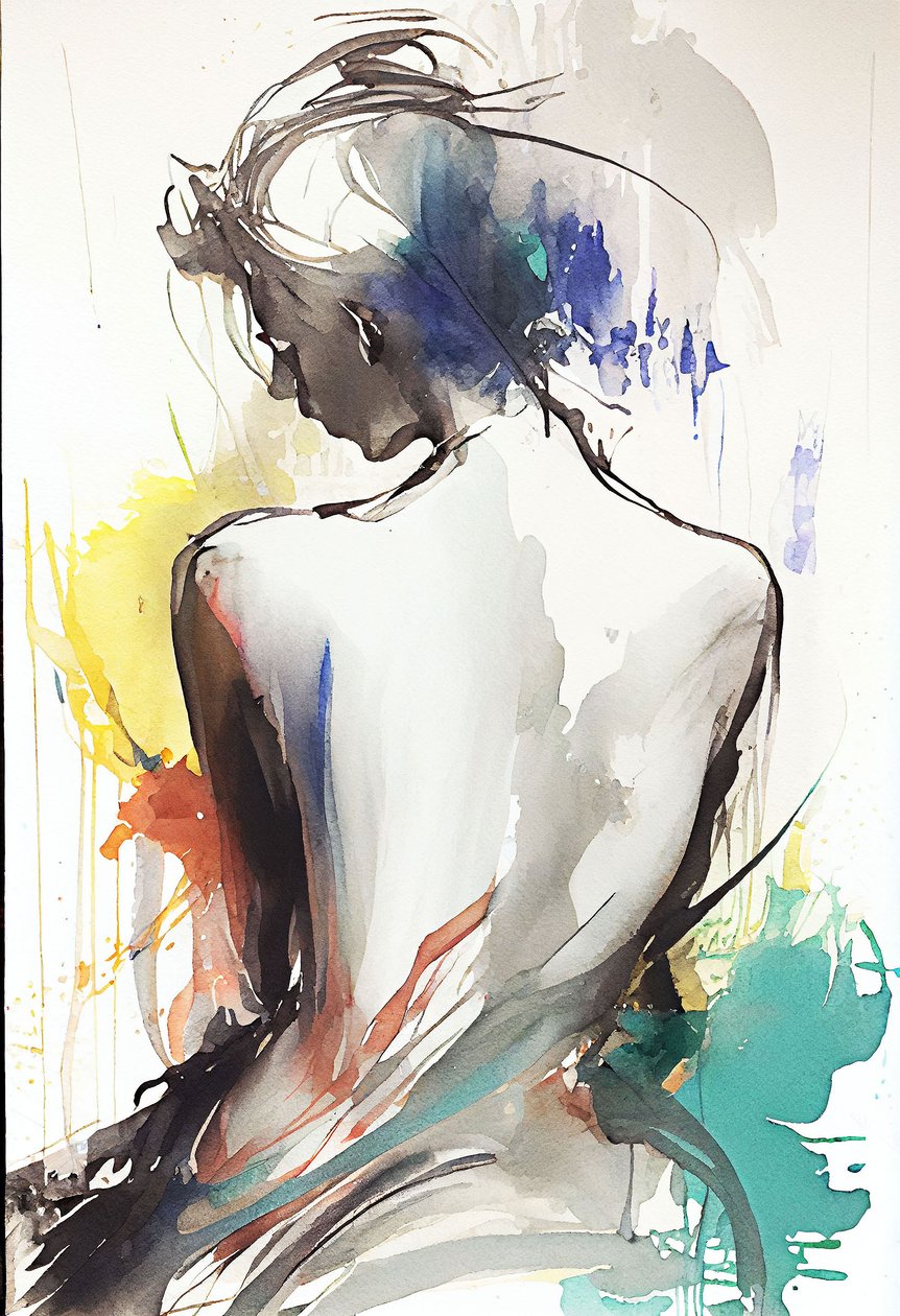 Dessin aquarelle représentant une femme assise de dos - F. Abderrahim
