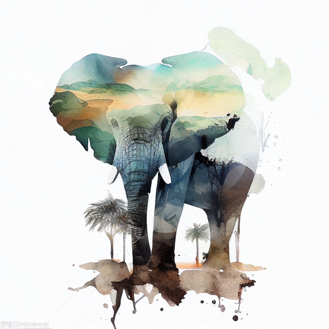 Éléphant aquarelle et savane africaine - F. Abderrahim