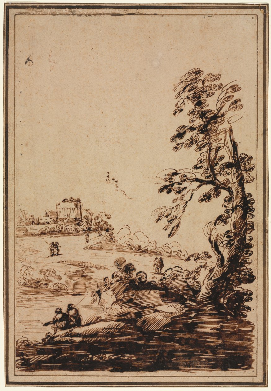 Paysage avec petit groupe de bâtiments - imitator of Guercino