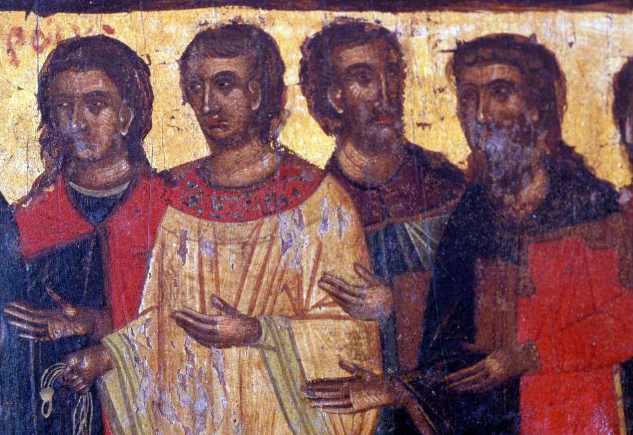 Figures masculines, panneau de bois dans l