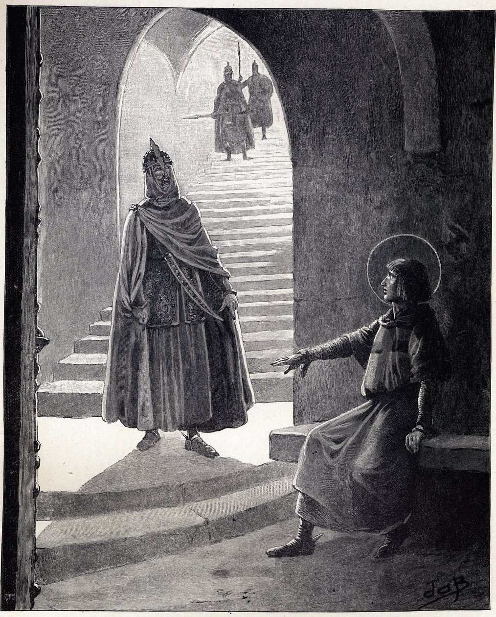 Sois chrétien, je te ferai chevalier. Les paroles de Louis IX dit Saint Louis (1214-1270) à un chef sarrasin entré dans la prison pour se faire chevalier. Illustration de Job (Jacques Marie Gaston Onfray et Breville) (Jacques-Marie) (1858-1931) - pseudonym for Onfray de Breville Jacques Job