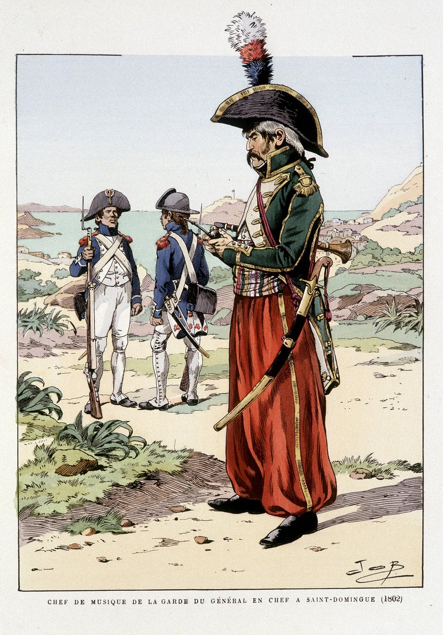 Chef de musique de la garde du général en chef à Saint-Domingue en 1802 - dans "Outfit des troupes de France : armée de terre et de mer à toutes les époques", ill. de Job - pseudonym for Onfray de Breville Jacques Job