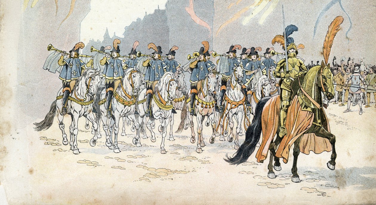 Entrée du roi Charles VI (1368-1422) à Paris accompagné de trente trompettes. dans "France, son histoire racontée par G. Montorgueil, illustrée par Job" 1896. Collection privée. - pseudonym for Onfray de Breville Jacques Job