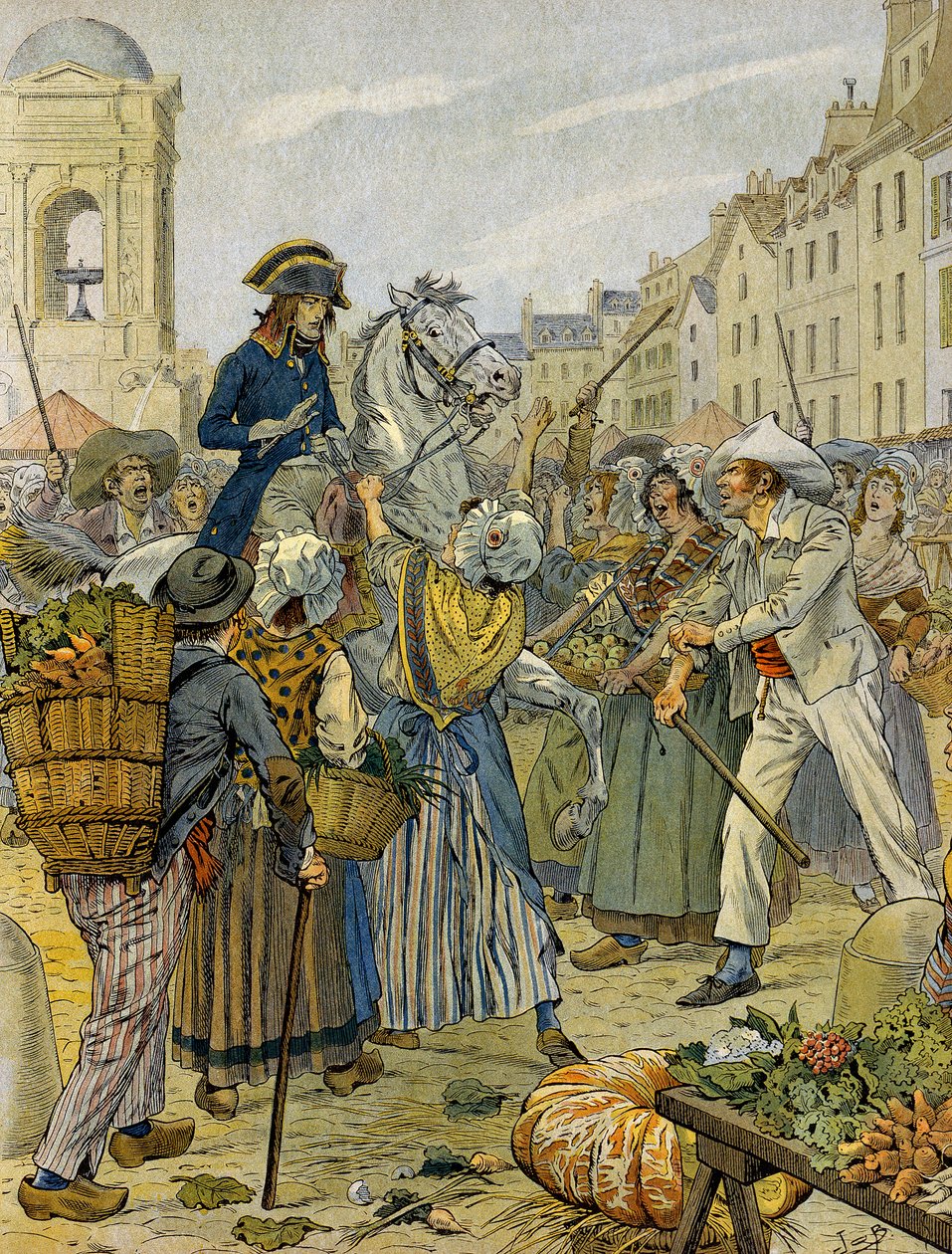 Révolution française 1789 : Napoléon Ier Bonaparte (1769-1821) pris à partie par la populace révolutionnaire et les sans-culottes aux Halles. Illustration de Jacques Marie Gaston Onfray de Bréville dit JOB (1858-1931). Collection privée - pseudonym for Onfray de Breville Jacques Job