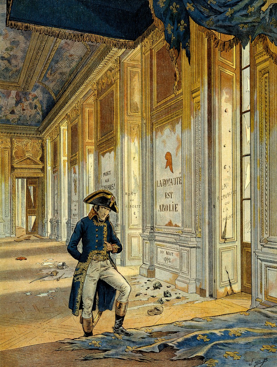 Révolution française de 1789 : Napoléon Ier Bonaparte (1769-1821) dans la salle du trône au palais des Tuileries après le passage des révolutionnaires qui ont saccagé l