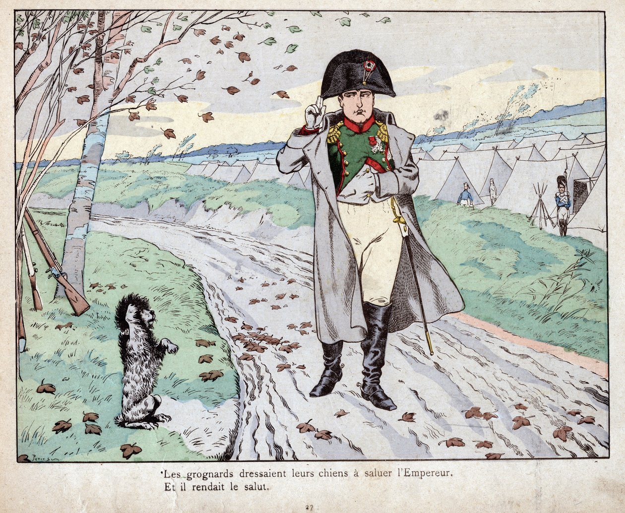 Grognards (Vieille Garde de Napoléon Bonaparte) entraînent leurs chiens à saluer l