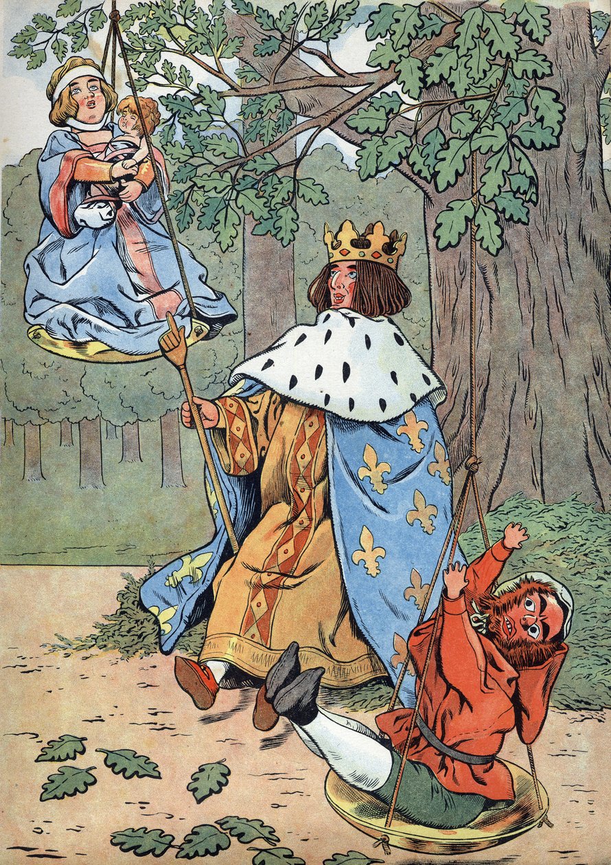 Histoire de France. Scène de la vie de Saint Louis en jouets : le roi Louis IX dit Saint Louis (1214-1270) rendant justice au pied d