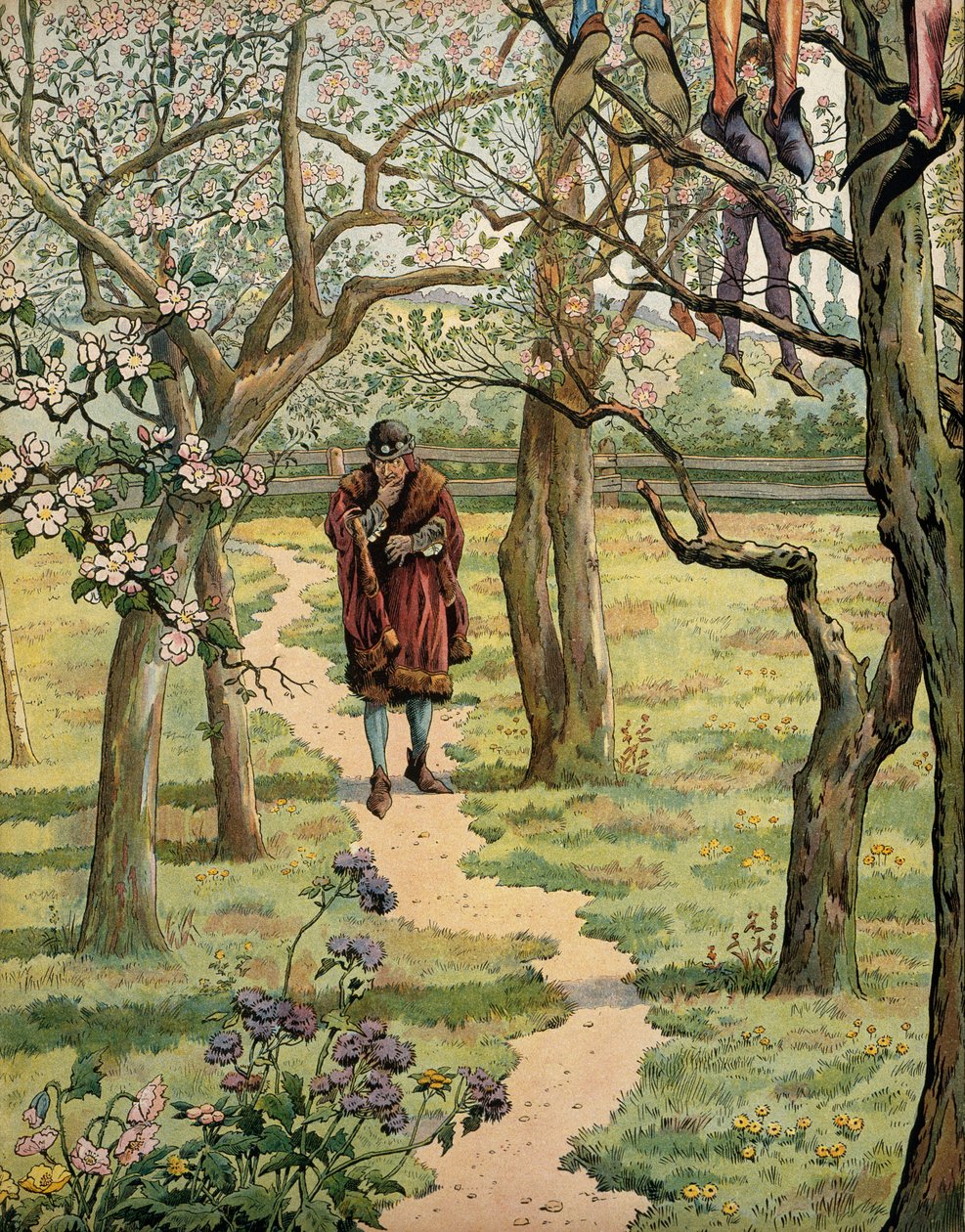 Histoire de France au Moyen Âge : Le roi Louis XI dit le Prudent (1423-1483) dans les jardins du château de Plessis-les-Tours (Plessis les Tours), Indre-et-Loire. On voyait des gens pendus aux arbres - pseudonym for Onfray de Breville Jacques Job