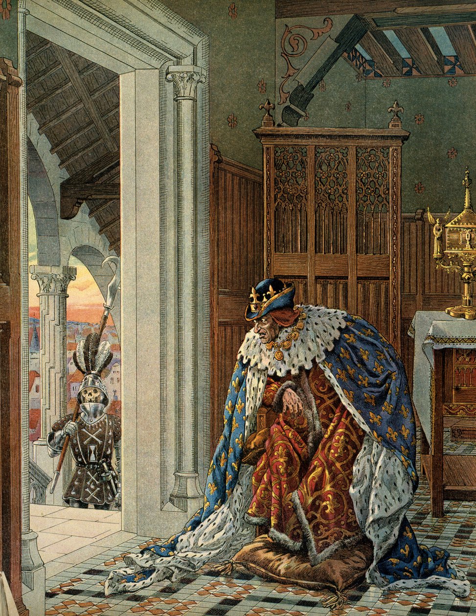 Histoire de France au Moyen Âge : Le roi de France Louis XI dit le Prudent (1423-1483) a peur de la mort arrivant en armure sur le seuil. Illustration de Jacques Marie Gaston Onfray de Breville dit JOB (1858-1931) - pseudonym for Onfray de Breville Jacques Job