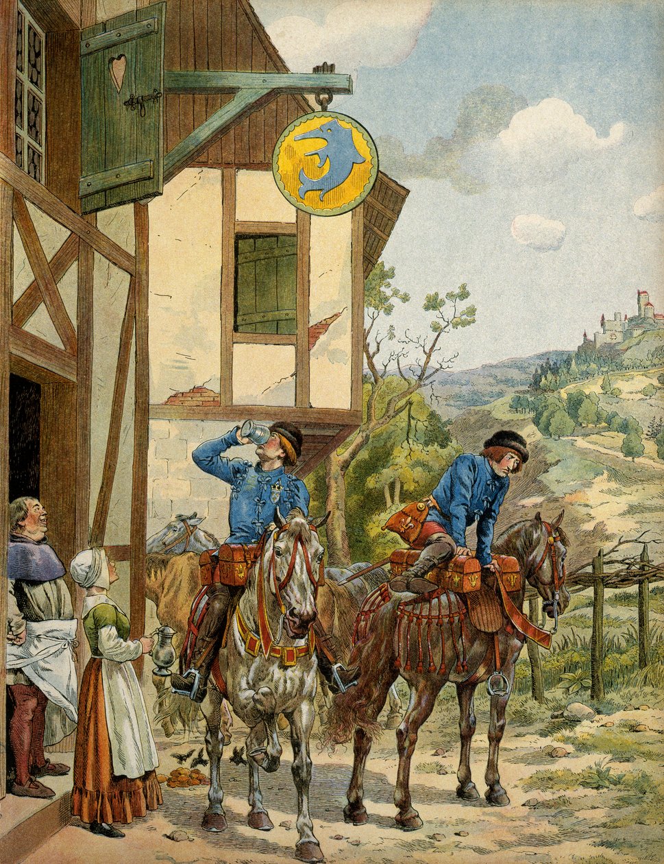 Histoire de France au Moyen Âge : Service postal sous le règne du roi Louis XI dit le Prudent (1423-1483). Poste à cheval stationnant à une auberge. Illustration de Jacques Marie Gaston Onfray de Bréville dit JOB (1858-1931) - pseudonym for Onfray de Breville Jacques Job