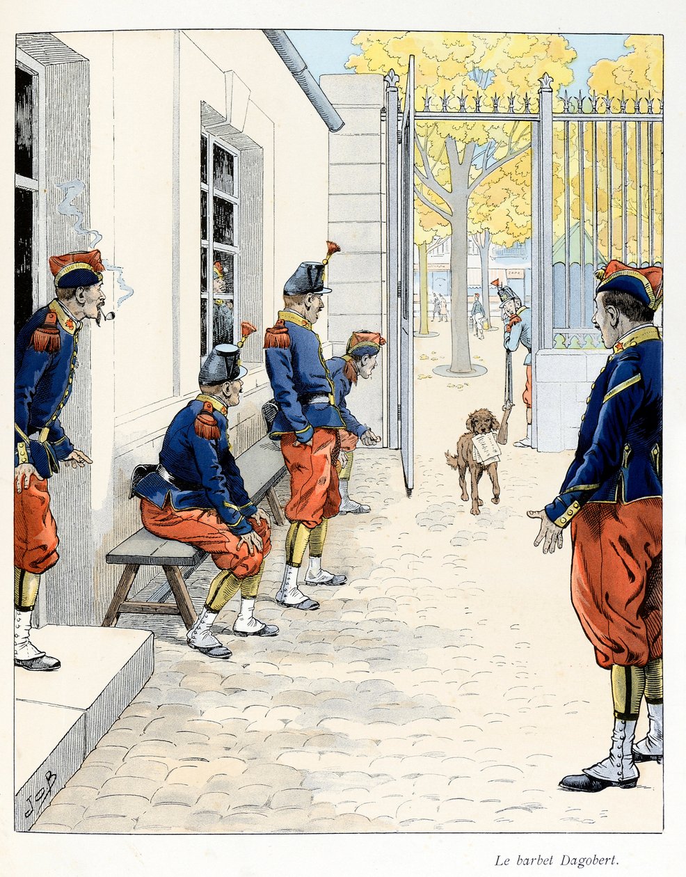 Illustration extraite du livre « A la gloire des bêtes » texte de A Fabre, dessins de Jacques Marie Gaston Onfray de Breville dit JOB (1858-1931), éditeur Maison Alfred Mame et fils : Le Barbet Dagobert (dans une caserne à Paris), Collection Partielle - pseudonym for Onfray de Breville Jacques Job