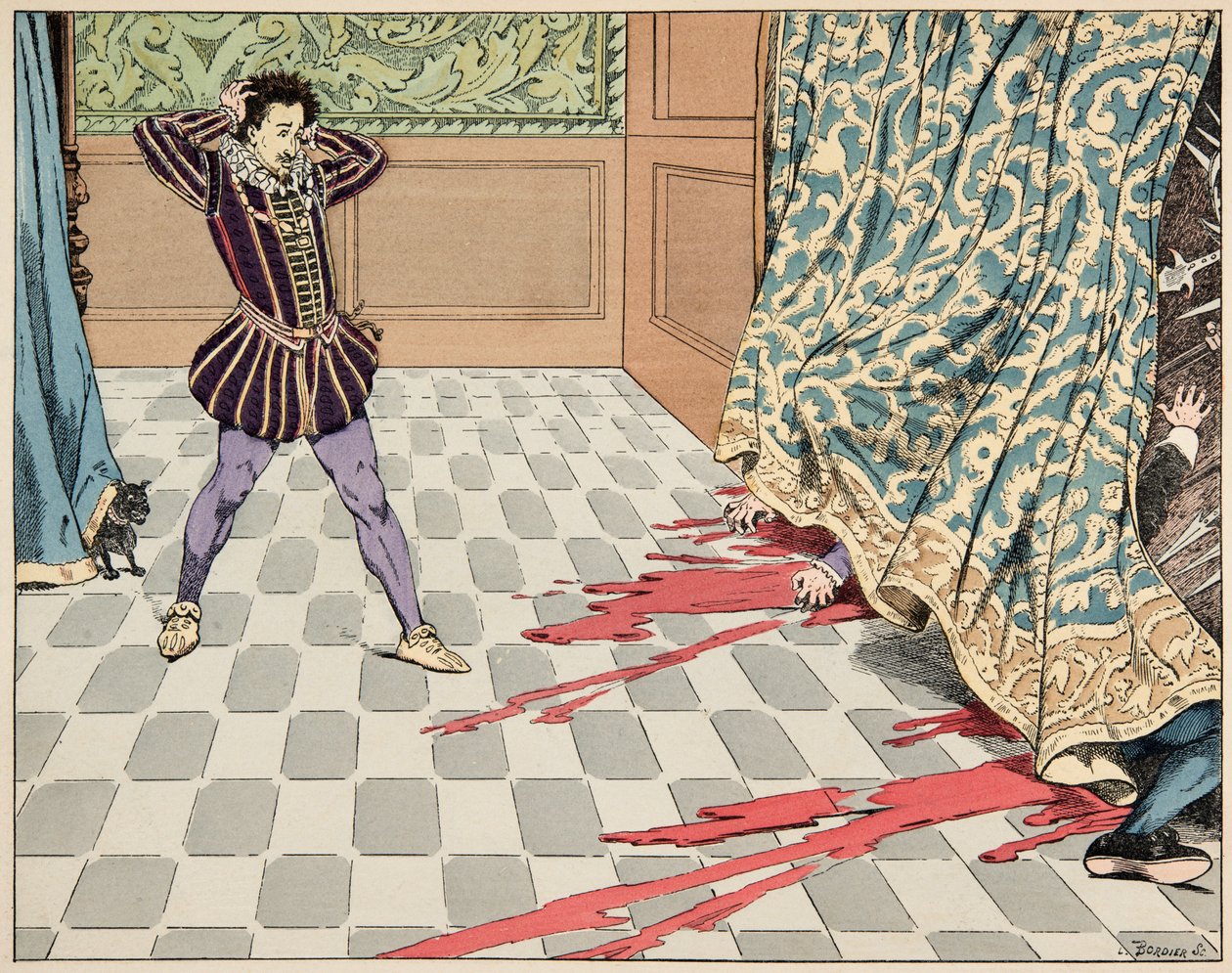 Illustration tirée du livre "Le bon roy Henri", illustrée par Jacques Marie Gaston Onfray de Bréville dit JOB (1858-1931) : Le jour de la Saint-Barthélemy, ses deux amis, Ségur et La Rochefoucauld, sont égorgés sous ses yeux - Collection privée - pseudonym for Onfray de Breville Jacques Job