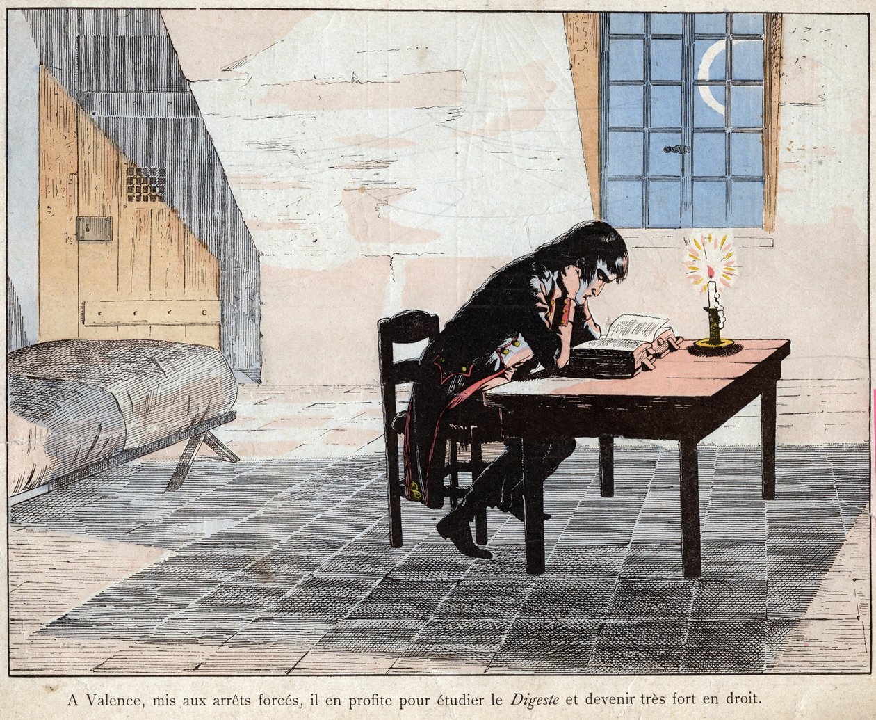 À Valence (prison) Napoléon en profite pour étudier le Digeste et devenir très fort en droit - Napoléon lit le Digeste et renforce ses connaissances en droit - lithographie de Job (Jacques Onfroy de Bréville) de "Le Grand Napoléon des Petites Enfants" - pseudonym for Onfray de Breville Jacques Job