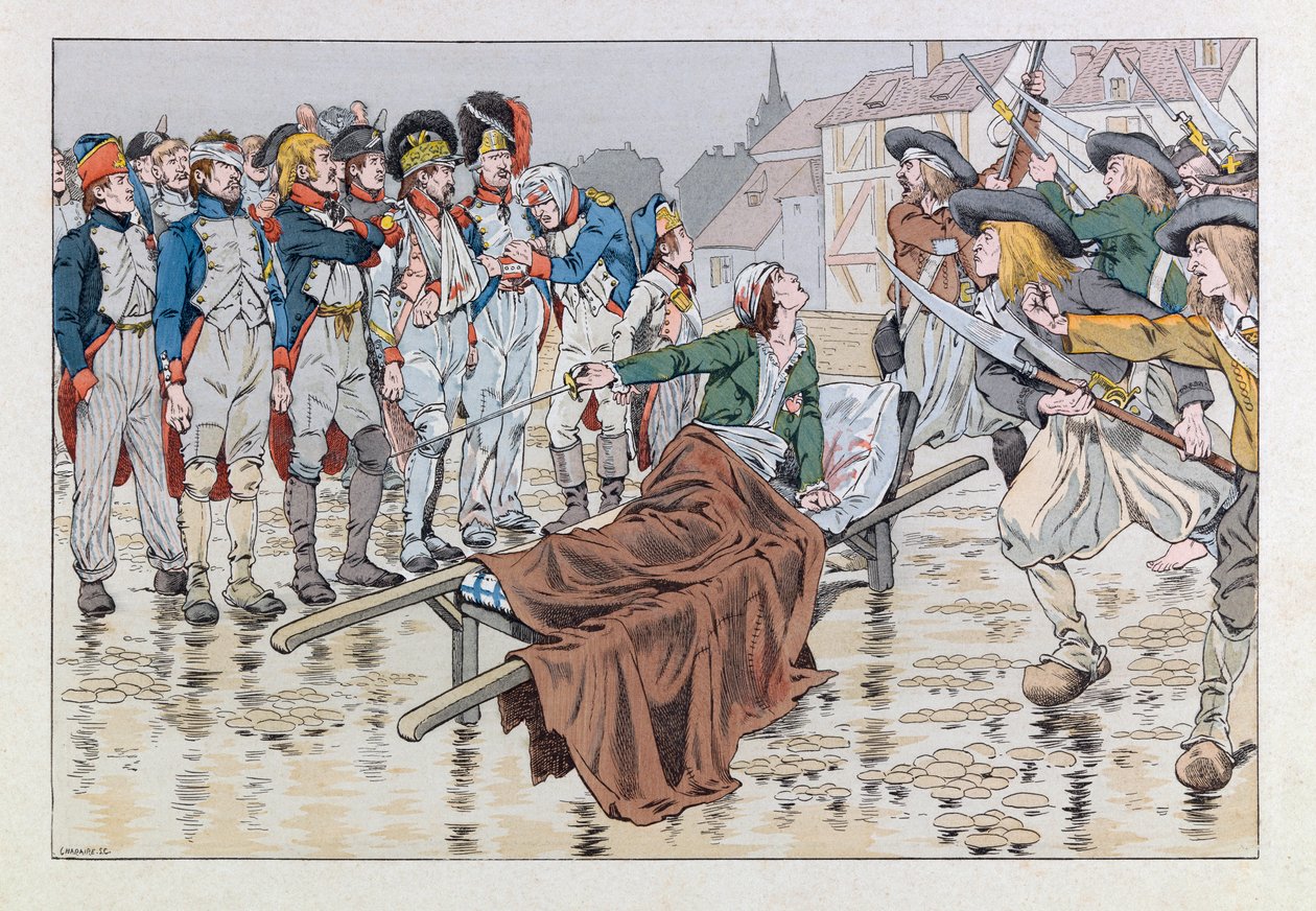 Jacques Marie Gaston Onfray de Bréville dit JOB (1858 - 1931); Illustration du livre "Les épées de France" : Le marquis de Bonchamps mortellement blessé après la bataille de Cholet en 1793 sauve des prisonniers républicains des mains des chouans - pseudonym for Onfray de Breville Jacques Job