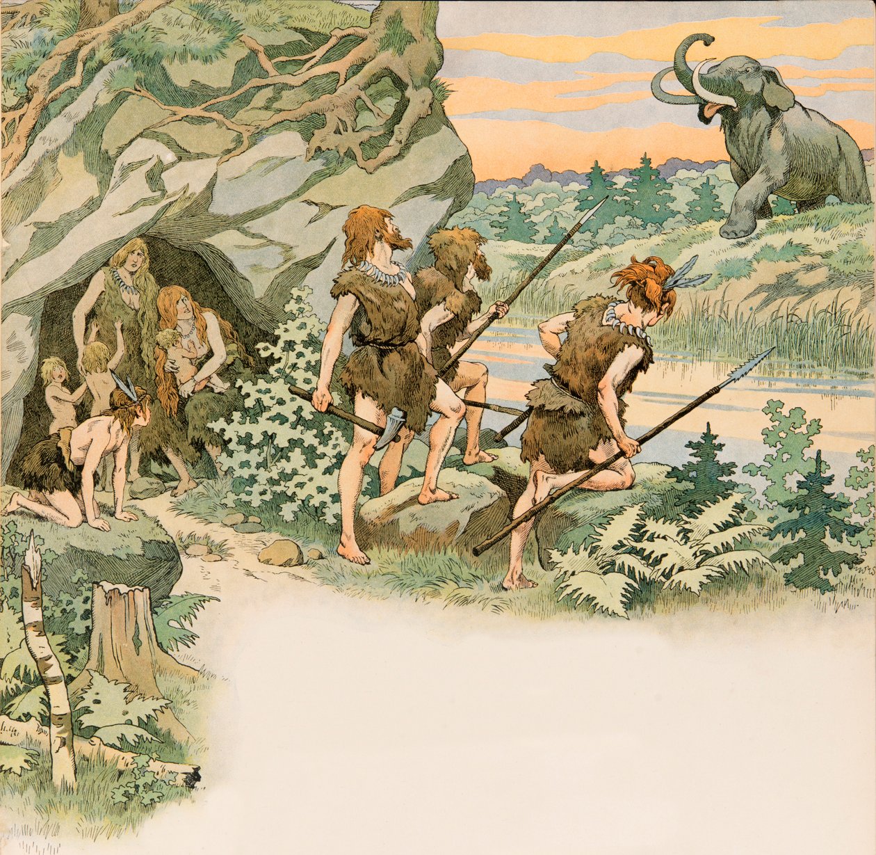 Pendant la préhistoire, les hommes des cavernes protègent leurs familles d