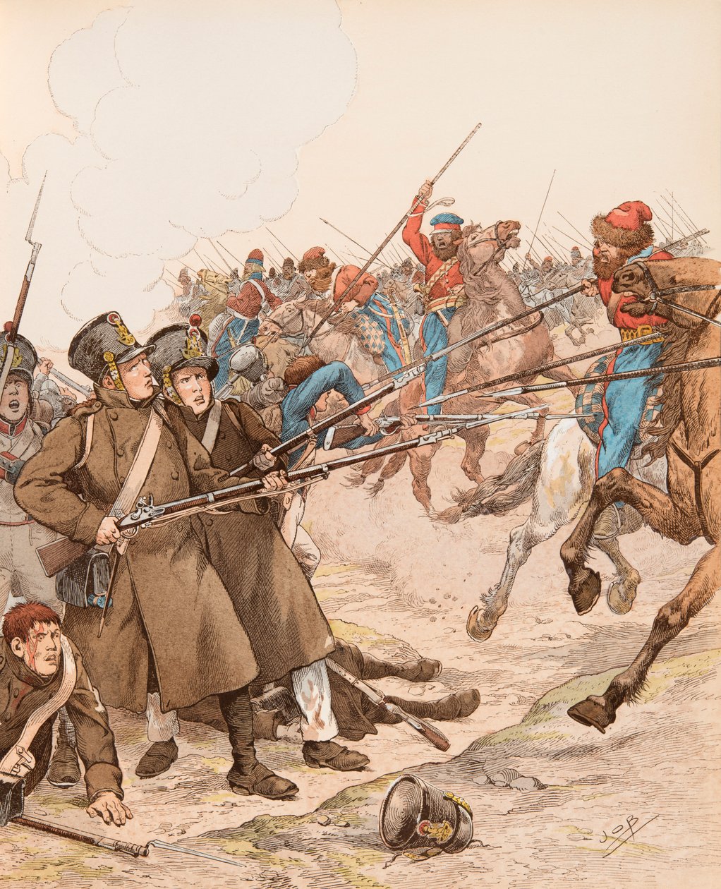 Militaires français pendant les campagnes napoléoniennes surnommés Marie-Louise en 1815 combattant les cosaques, Collection privée - pseudonym for Onfray de Breville Jacques Job