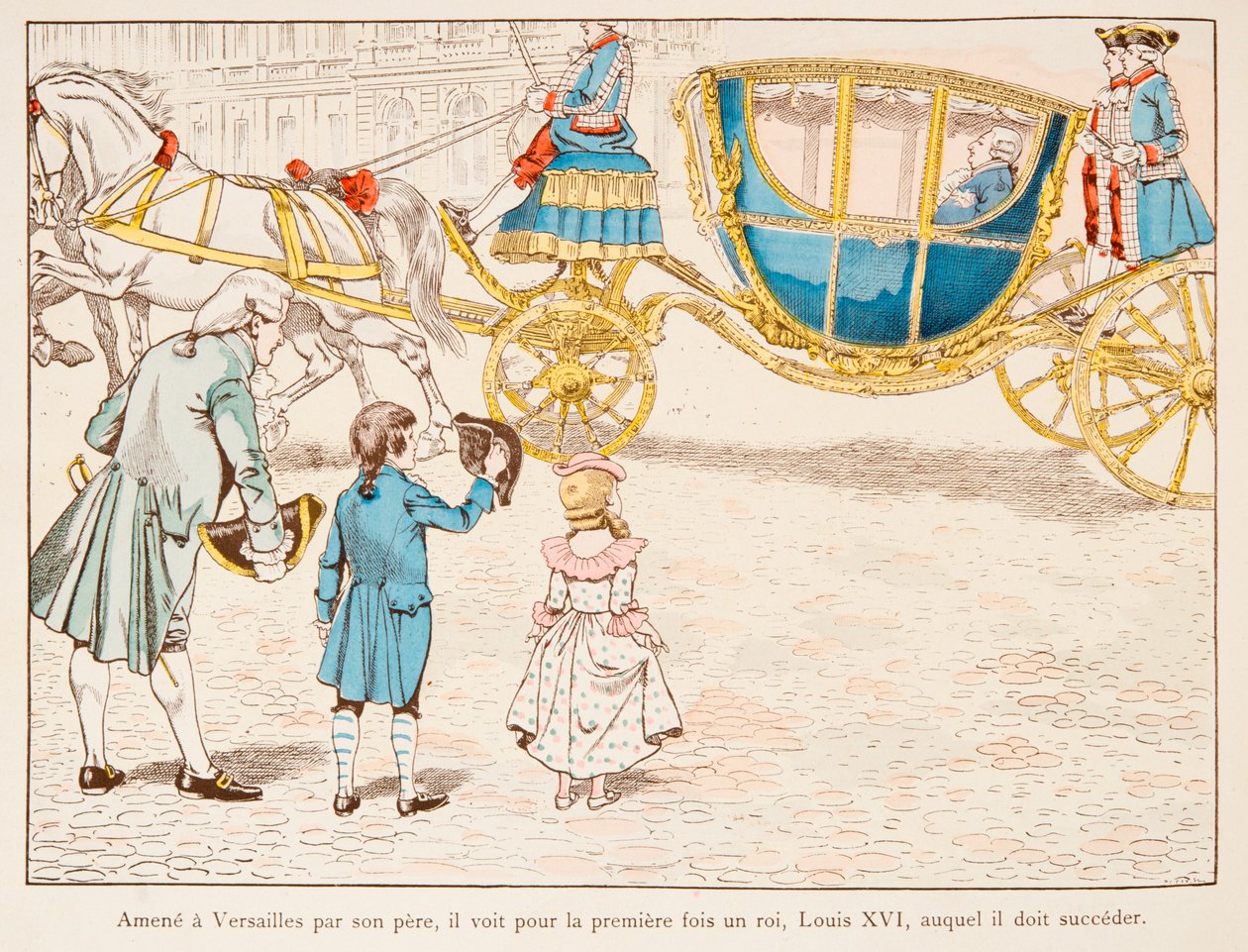 Napoléon Bonaparte amené à Versailles par son père voit le roi Louis XVI en carrosse pour la première fois en 1770, Collection privée - pseudonym for Onfray de Breville Jacques Job
