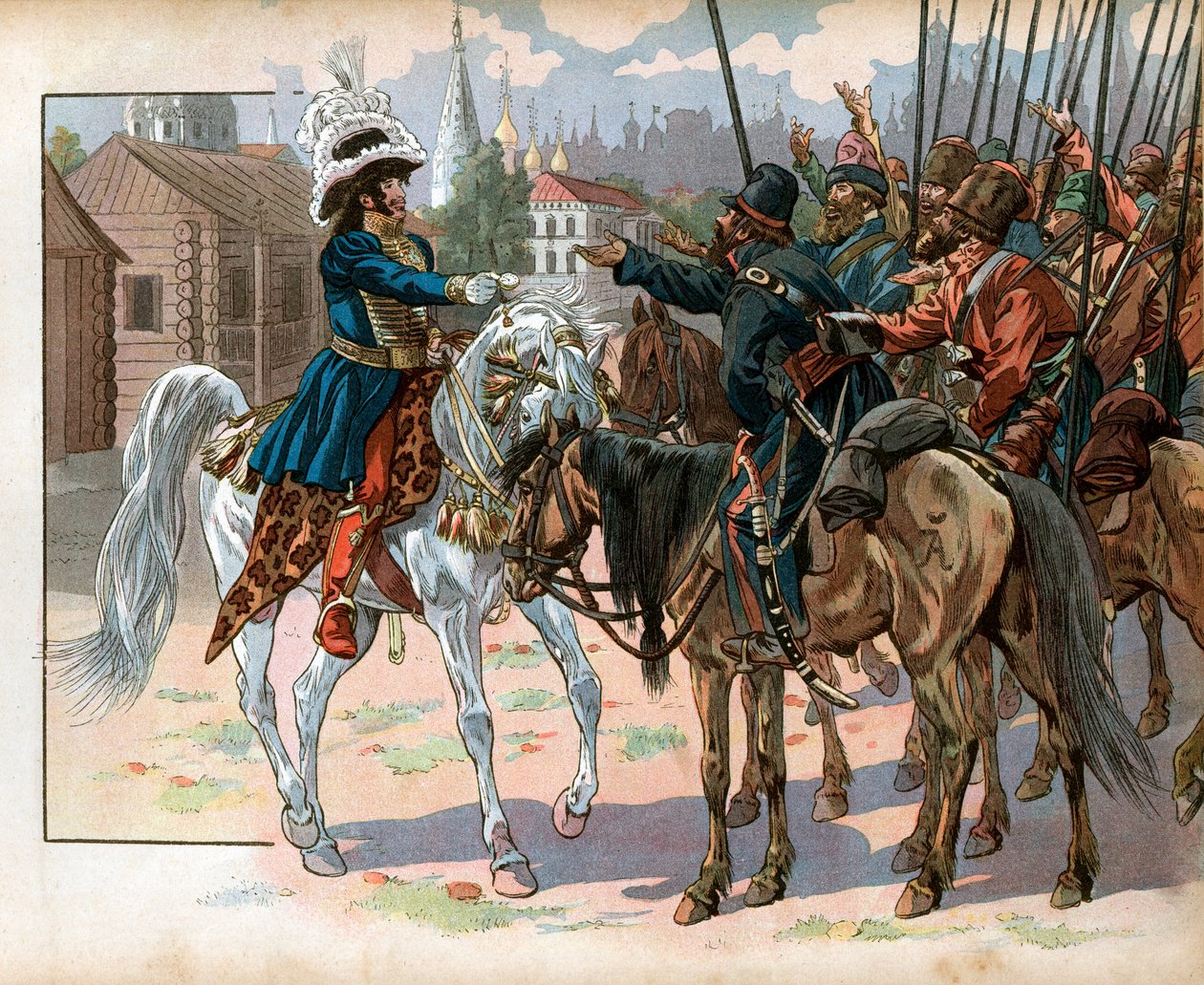 Joachim Murat (1767-1815) à Moscou offre une montre aux Russes. Gravure de Jacques Marie Gaston Onfray de Breville dit Job (1858-1931) - pseudonym for Onfray de Breville Jacques Job