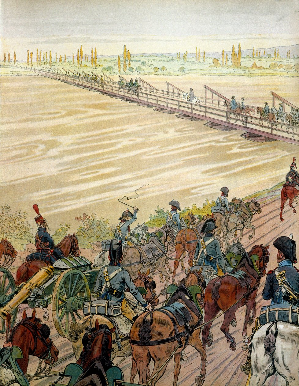 Napoléon Ier Bonaparte (1769-1821) et son armée passent le Rhin le 1er octobre 1805. Dans « Napoléon » de Georges Montorgueil. Illustration de Jacques Marie Gaston Onfray de Breville dit JOB (1858-1931) - pseudonym for Onfray de Breville Jacques Job