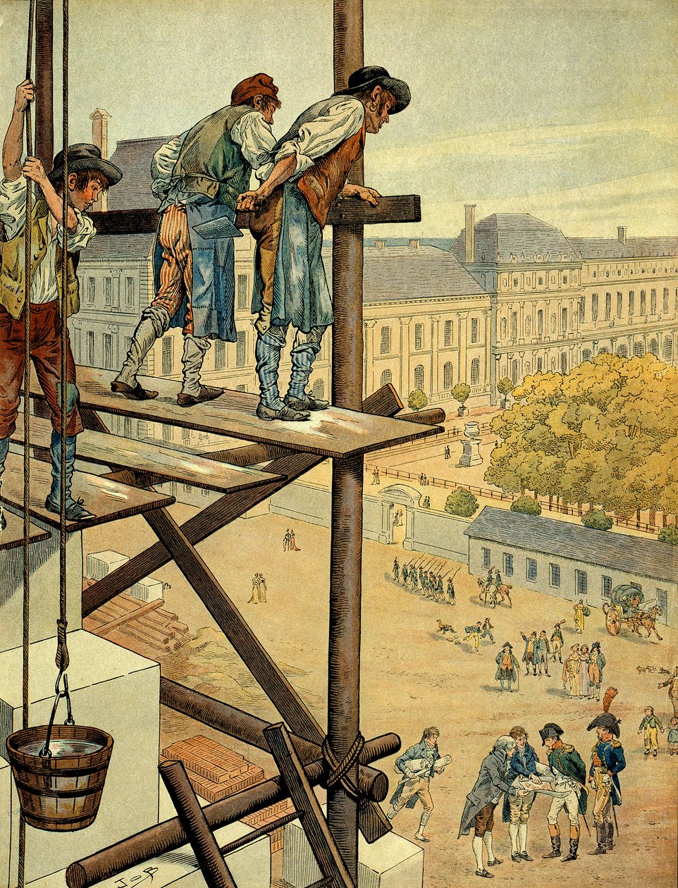 Napoléon Ier Bonaparte (1769-1821) attentif aux travaux architecturaux et urbains de la liaison entre le Louvre et le Palais des Tuileries à Paris avec la Place et la Rue de Rivoli commencés en 1802 et recoupant le nom de la bataille qui a eu lieu - pseudonym for Onfray de Breville Jacques Job