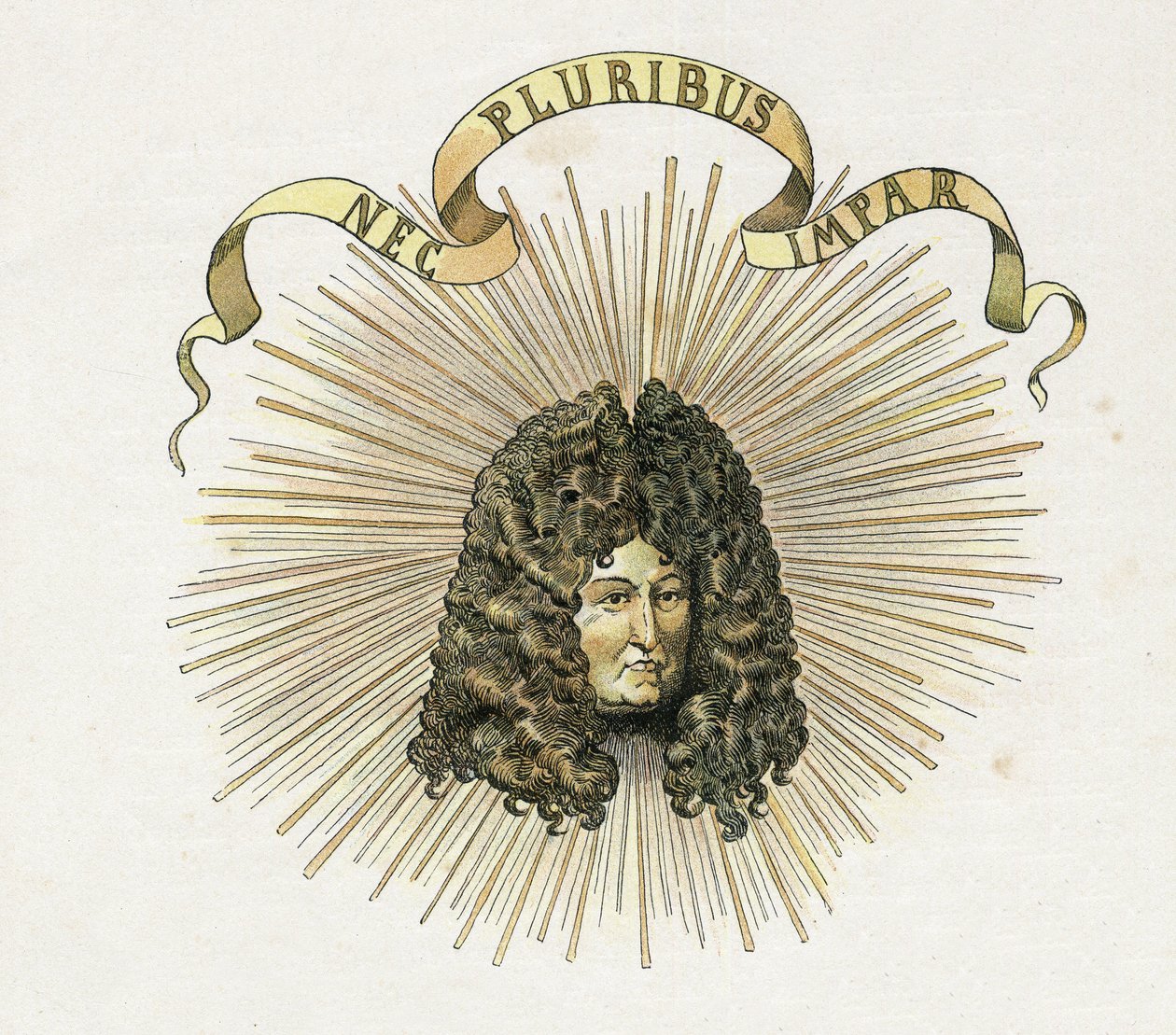 Portrait du roi Louis XIV (1638-1715) avec sa devise en latin "Nec pluribus impar" (À nul autre pareil). dans "France, son histoire racontée par G. Montorgueil, illustrée par Job" 1896. Collection privée. - pseudonym for Onfray de Breville Jacques Job