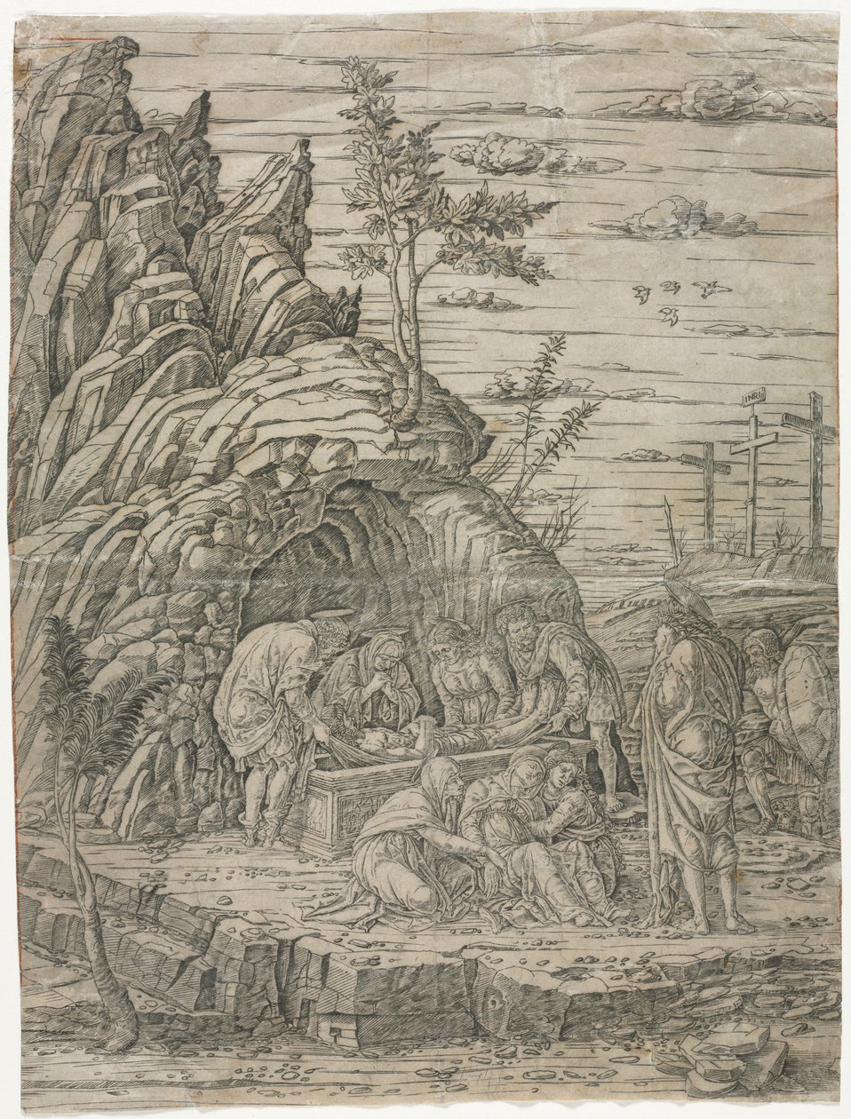 La Mise au Tombeau avec les Quatre Oiseaux - school of Andrea Mantegna
