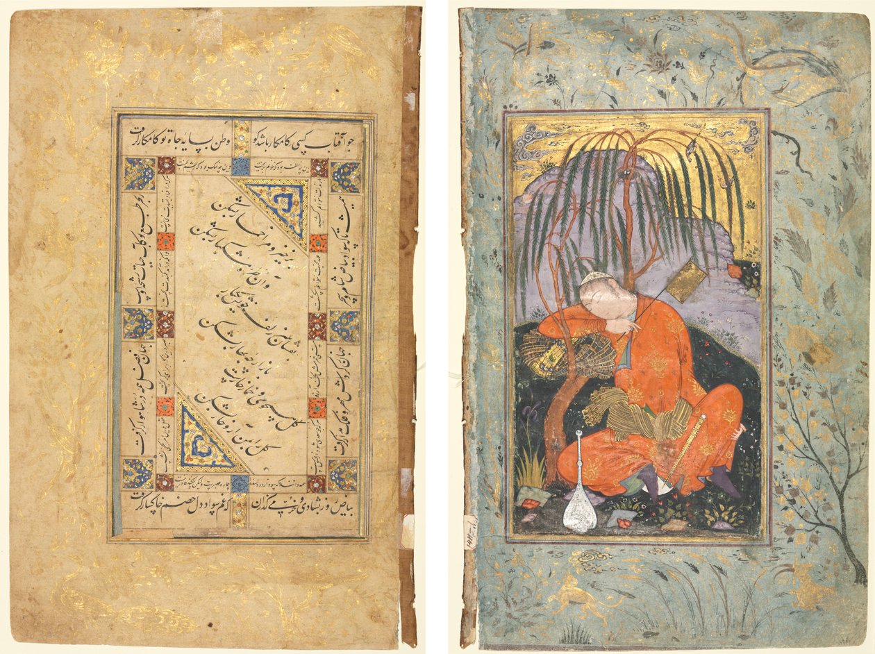 Couplets persans (recto); Jeune homme endormi (verso) - style of Riza yi Abbasi