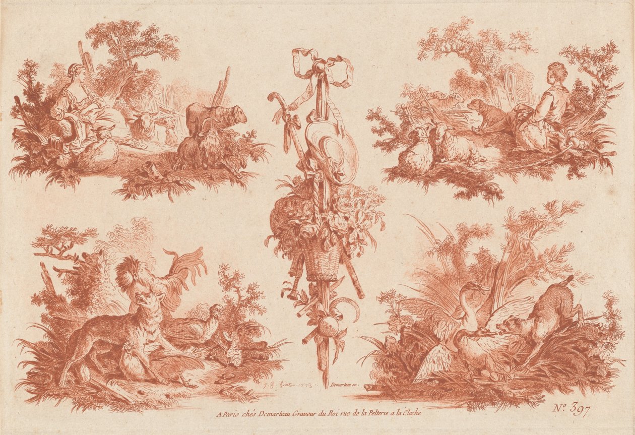 Deux Vignettes Pastorales, Deux Vignettes de Chasse et un Trophée - the Elder and Jean Baptiste Hüet Gilles Demarteau