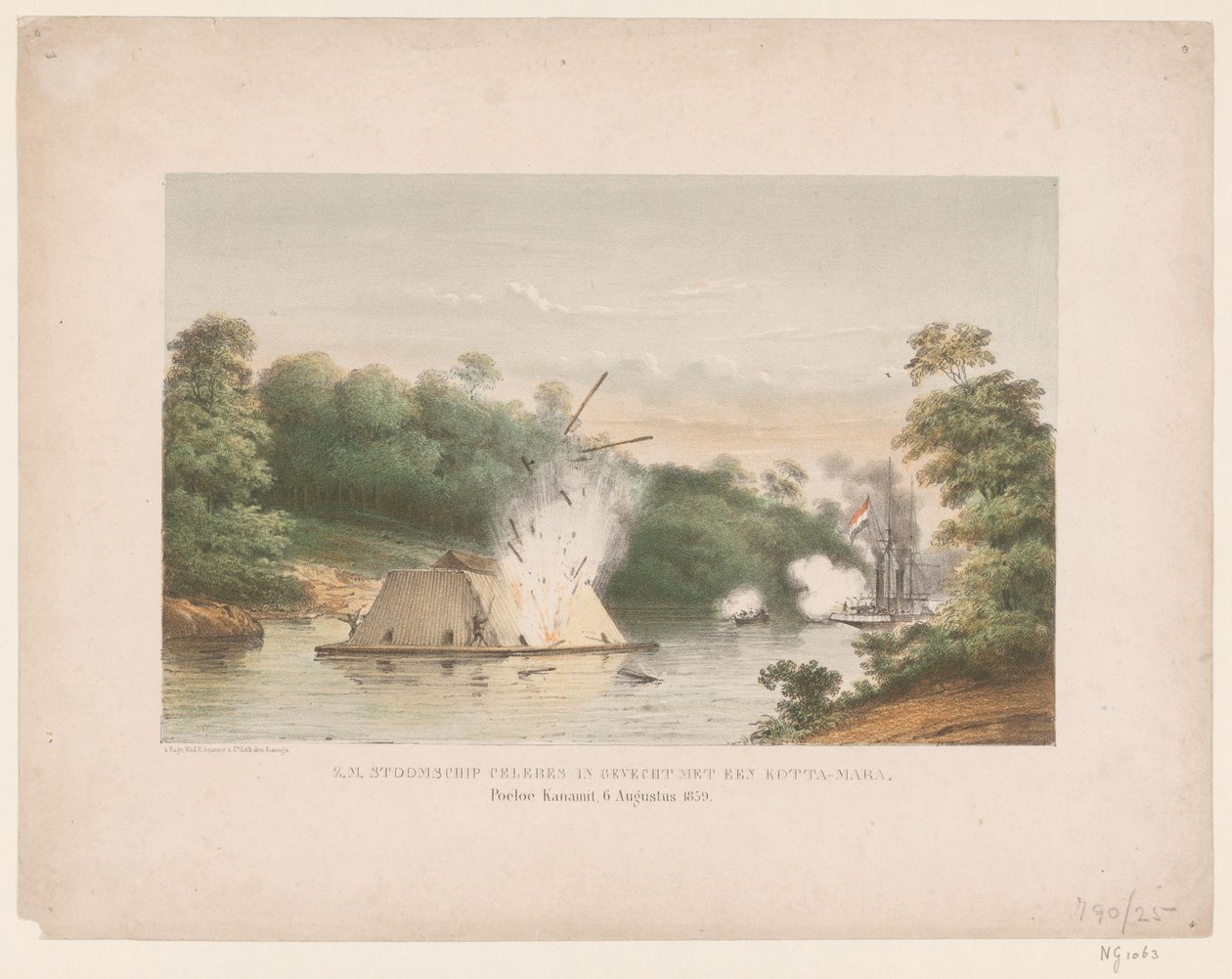 Z.M. Navire à vapeur Celebes en combat avec un kotta-mara. Poeloe Kanamit, 6 août 1859 - weduwe Elias Spanier and Zn