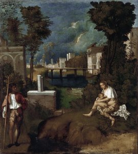 La tempête. Détail de la femme allaitant son enfant et du paysage