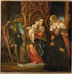 Sainte Marie et Jésus entre Saint Georges et Sainte Justine avec un moine bénédictin agenouillé ...