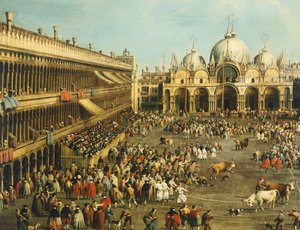Corrida ou Chasse au taureau sur la Piazza San Marco, par Canaletto et Giovanni Battista Cimaroli