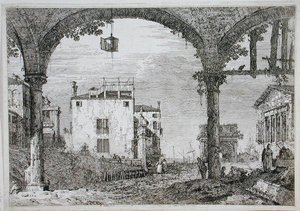 Vue à travers une arcade vers des bâtiments côtiers - Canaletto