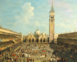 Corrida ou Chasse au taureau sur la Piazza San Marco, par Giovanni Antonio Canal, dit Canaletto et Giovanni Battista Cimaroli