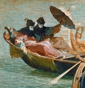 Les noces du Doge de Venise avec la mer Adriatique : détail de deux personnages portant un masque et un parapluie sur une gondole