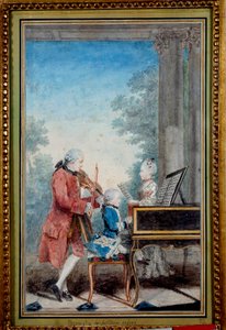 Wolfgang Amadeus Mozart (1756-1791) enfant jouant du piano avec son père et sa sœur