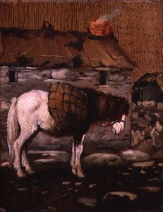 Poney attendant devant un cottage