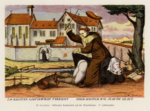 Moine disciplinant une nonne dans le jardin du monastère - (after) German School