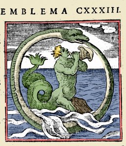 Un triton et un ouroboros, illustration "Emblemata" par Andrea Alciati