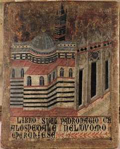 Italie, Sienne, cathédrale, peinture sur bois, reproduite sur une tablette Biccherna