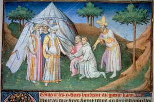 Les frères Nicolo et Matteo Polo, père et oncle du jeune Marco Polo (1254-1324) reçus à la cour du Grand Qubilai (Kubilai Khan, premier empereur de la dynastie mongole Yuan, 1215-1294). Miniature tirée de... - (and workshop) Boucicaut Master
