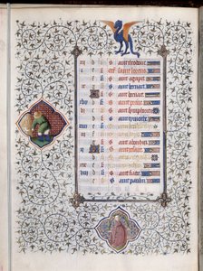 Page de manuscrit « Les Très Riches Heures du Duc François de Guise » décorée de signes du zodiaque et représentation des travaux agricoles, la moisson. Miniature du Maître de Boucicaut