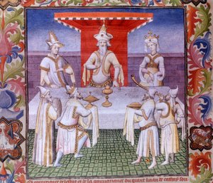 Scène de repas à la table du Grand Khan au pays de Cathay. Miniature dans « Le Livre des Merveilles » (« Devisement du Monde », « Il Milione »), manuscrit fr.2810 (folio 136) enluminé par le Maître de Boucicaut et écrit par Marco Polo