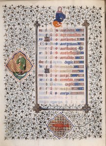 Page du manuscrit Les Très Riches Heures du Duc François de Guise enluminé par le Maître de Boucicaut : représentation des signes du zodiaque et scènes de la vie quotidienne : cancer et un homme avec une faucille. 15e siècle. Musée Condé, Chantilly - (and workshop) Boucicaut Master